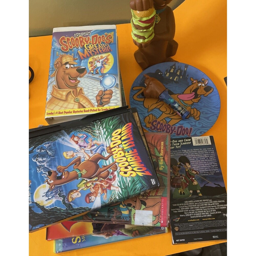 Scooby Collections Includes VHS , DVD, Plate , Tumbler  Lot Of 16